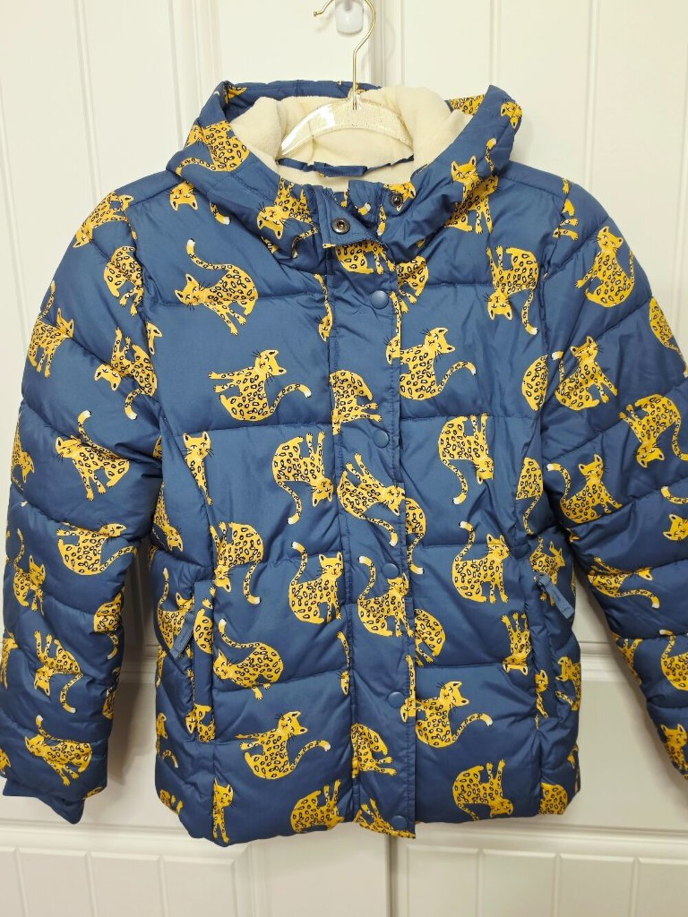 Amazon Essentials Girls XL 12 Heavyweight Hooded Puffer Coat Blue w/ Cats EUC